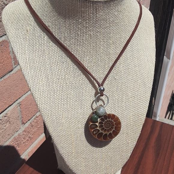 Handmade Ammonite/ Genuine Brown Leather Necklace- Ancient Earthy Vibes- - Picture 3 of 9